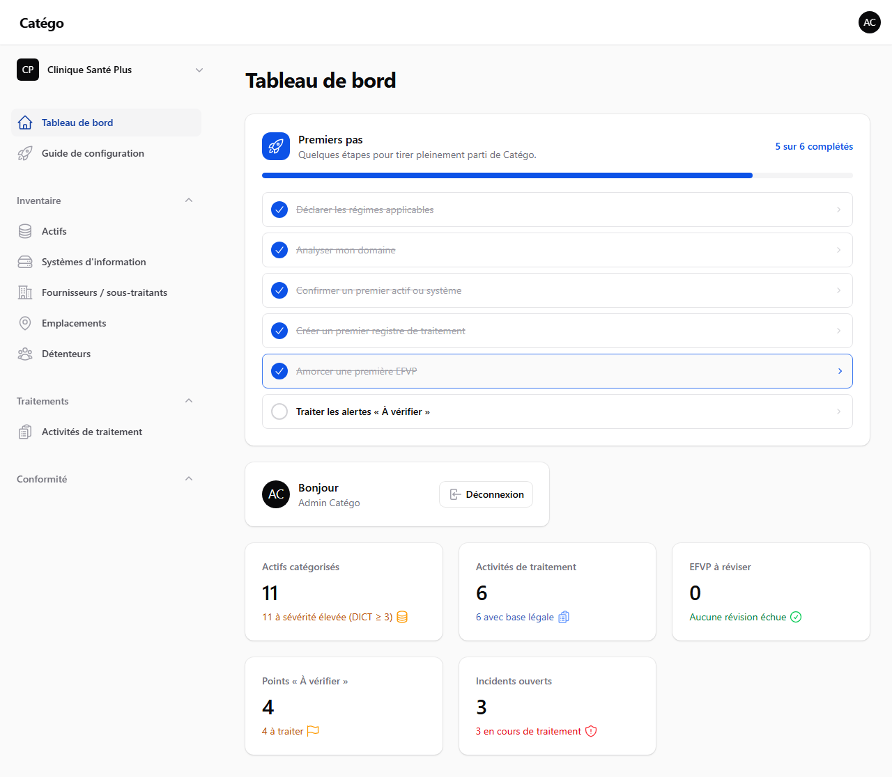 Aperçu de l'application Catégo : liste des actifs informationnels
