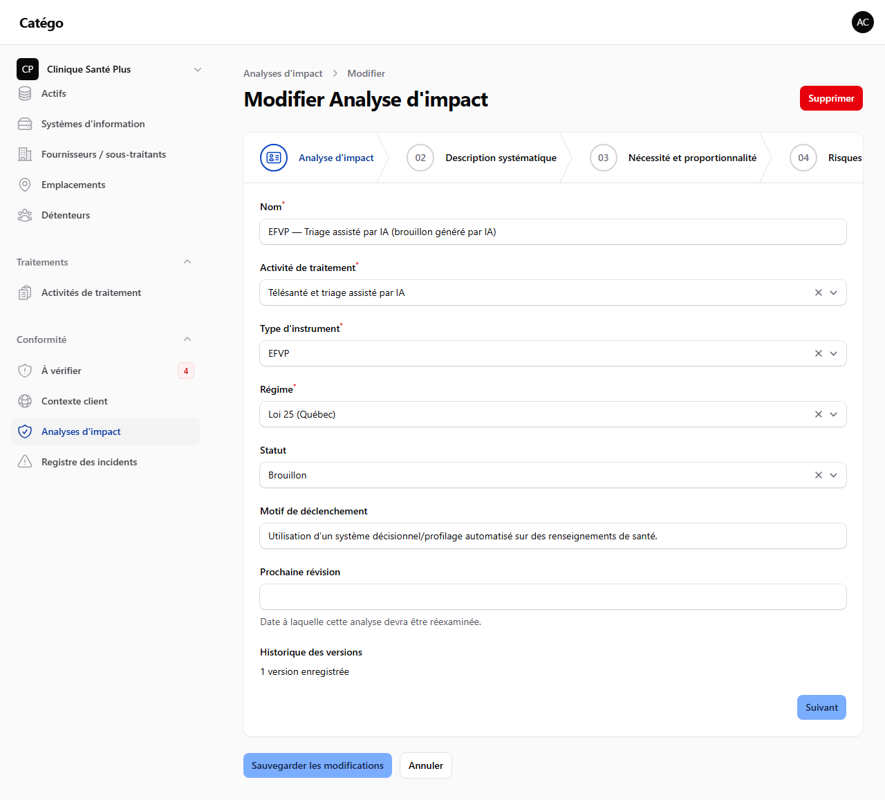 Analyse d'impact EFVP dans Catégo